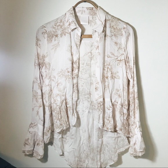 Lauren Conrad off-white tan floral high low bell sleeve blouse button longsleeve - Picture 2 of 7